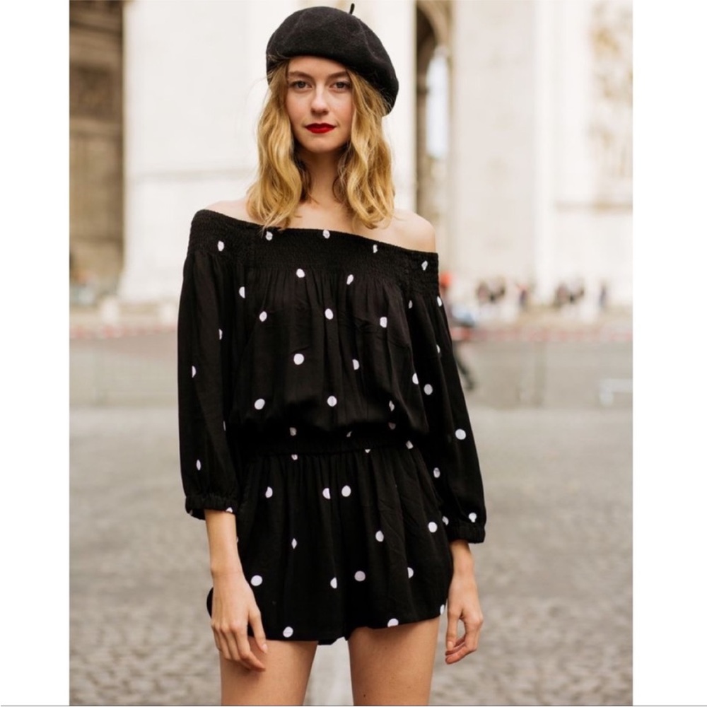 Ava Sky - Black and White Polka Dot Romper - off the shoulder- Size Small